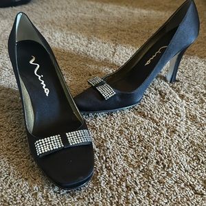 Black Satin Closed Toe Heels